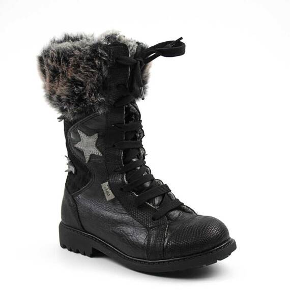 Cizme imblanite , pentru copii , din piele naturala, cu bordura de blana  3192-STAR/NEGRU/10, Culoare (12): Argintiu, Negru, Marime (12): 31 - - Roveli