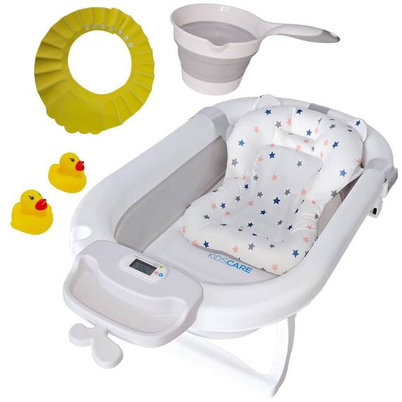 Cadita pliabila gri KidsCare, termometru, perna reductor, jucarii, protectie cap, cana pliabila - - Roveli