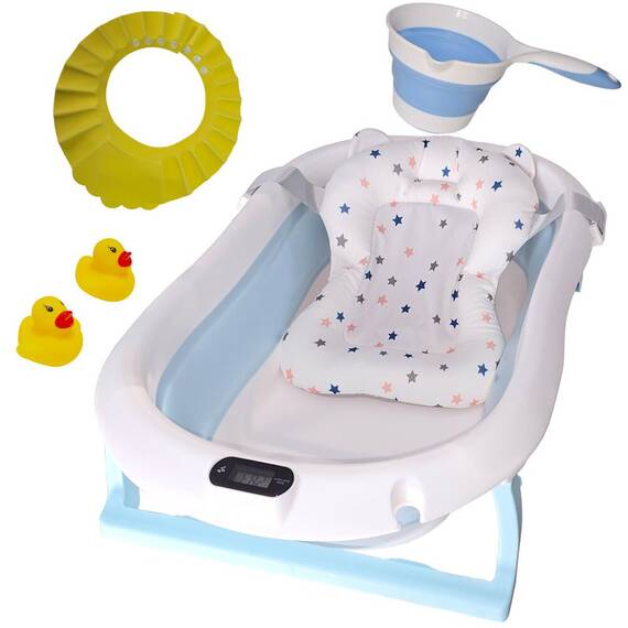 Cadita pliabila pentru bebelusi albastra KidsCare, termometru, perna reductor, jucarii, protectie cap, cana pliabila - - Roveli