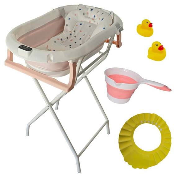 Cadita pliabila roz cu suport metalic KidsCare, termometru, perna reductor, jucarii, protectie cap, cana pliabila - - Roveli