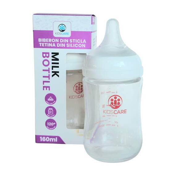 Biberon din sticla borosilicat 160 ml KidsCare cu tetina din silicon - - Roveli