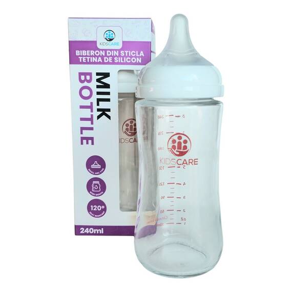 Biberon din sticla borosilicat 240 ml KidsCare cu tetina din silicon - - Roveli