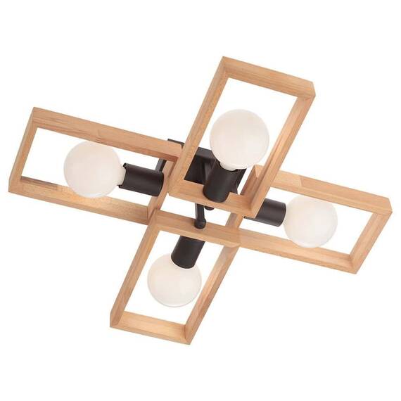 Plafoniera Smarter, structura din metal si lemn de fag natur, 4 surse cu dulie E27, 42W, stil modern,  630 x 566 x 144 mm - - Roveli