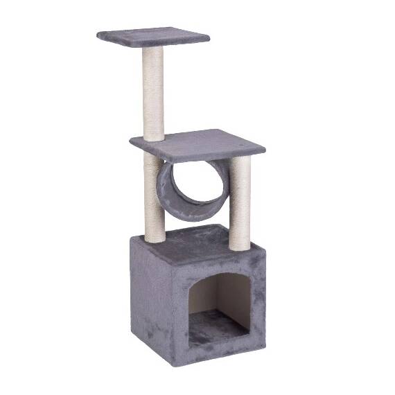 Ansamblu de joaca pentru pisici DacEnergy©, snur puternic pe stalp, 3 stalpi, 2 platforme, o casa, 93 cm, gri deschis - - Roveli