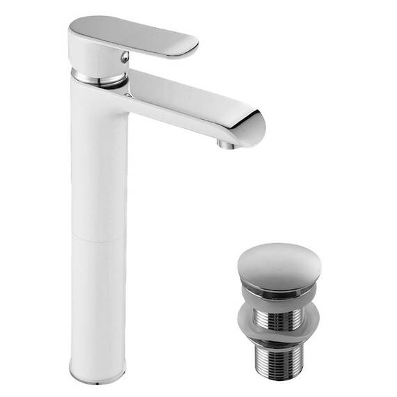 Baterie baie inalta pentru lavoar, material alama, montaj stativ, monocomanda, maner plin, zincat, 300 mm inaltime, finisaj cromat cu vopsea alba - 2- Roveli