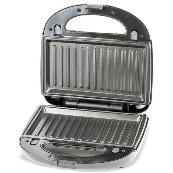 Sandwich maker, 750 W, placi teflonate si neaderente tip grill, indicatoare tip LED pentru functionare, carlig de inchidere, control electronic al temperaturii, negru - - Roveli