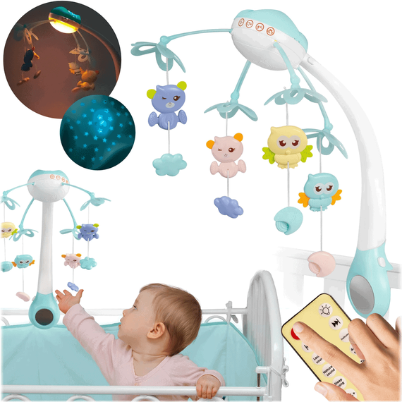 ​Carusel muzical , cu proiector, 13 melodii, telecomanda, bara cu jucarii, lampa Led, albastru - 3- Roveli