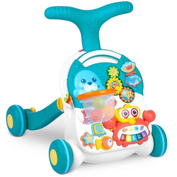 Antemergator 2 in 1 , cu masa si tabla educationala, pian detasabil, cos cu mingi, alb si albastru, 42 x 42 x 50,5 cm - - Roveli