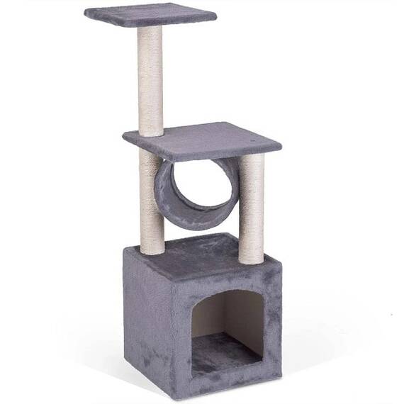 Ansamblu de joaca pentru pisici DacEnergy©, snur puternic pe stalp, 3 stalpi, 2 platforme, o casa, 93 cm, gri deschis - 3- Roveli