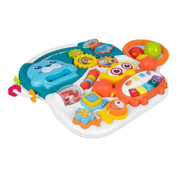Antemergator 2 in 1 , cu masa si tabla educationala, pian detasabil, cos cu mingi, alb si albastru, 42 x 42 x 50,5 cm - 4- Roveli