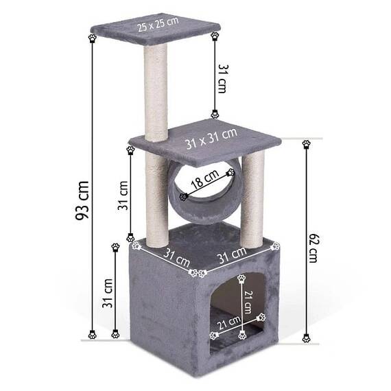 Ansamblu de joaca pentru pisici DacEnergy©, snur puternic pe stalp, 3 stalpi, 2 platforme, o casa, 93 cm, gri deschis - 4- Roveli