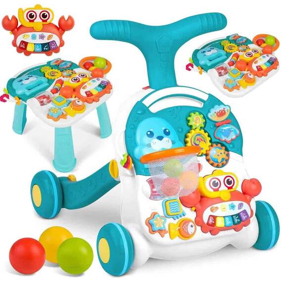 Antemergator 2 in 1 , cu masa si tabla educationala, pian detasabil, cos cu mingi, alb si albastru, 42 x 42 x 50,5 cm - 5- Roveli