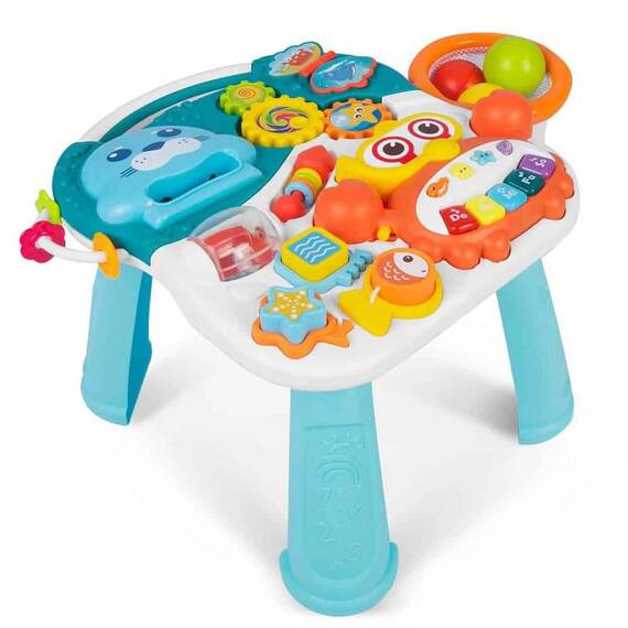 Antemergator 2 in 1 , cu masa si tabla educationala, pian detasabil, cos cu mingi, alb si albastru, 42 x 42 x 50,5 cm - 7- Roveli
