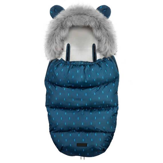 Sac de dormit bebelusi, cu urechi, antialergenic, respirabil, blana detasabila, 95 x 48 cm, pentru troler sau sanie, bleumarin - - Roveli