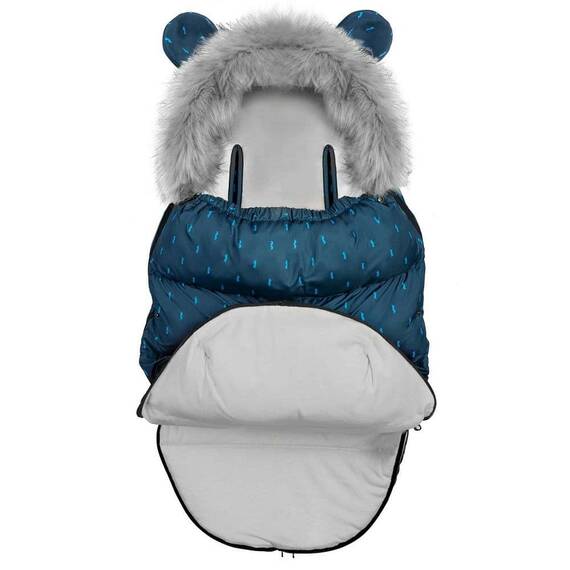 Sac de dormit bebelusi, cu urechi, antialergenic, respirabil, blana detasabila, 95 x 48 cm, pentru troler sau sanie, bleumarin - 3- Roveli