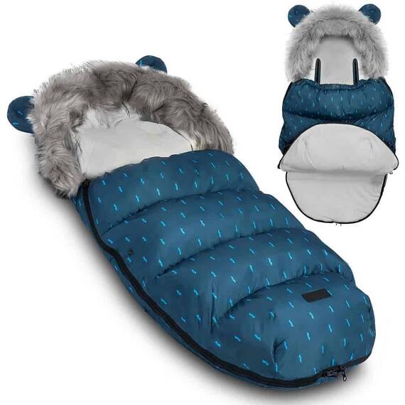 Sac de dormit bebelusi, cu urechi, antialergenic, respirabil, blana detasabila, 95 x 48 cm, pentru troler sau sanie, bleumarin - 4- Roveli