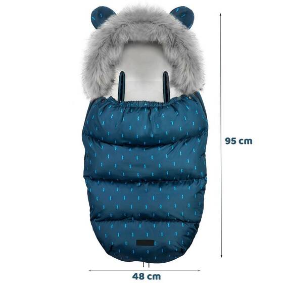 Sac de dormit bebelusi, cu urechi, antialergenic, respirabil, blana detasabila, 95 x 48 cm, pentru troler sau sanie, bleumarin - 5- Roveli