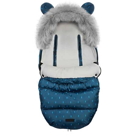 Sac de dormit bebelusi, cu urechi, antialergenic, respirabil, blana detasabila, 95 x 48 cm, pentru troler sau sanie, bleumarin - 6- Roveli