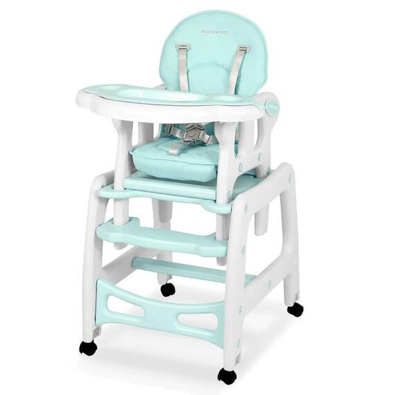 ​Scaun de masa bebe 5in1, inaltimea si spatarul reglabile, balansoar, tava dubla detasabila, centura de siguranta, masa si scaun, turcoaz - - Roveli