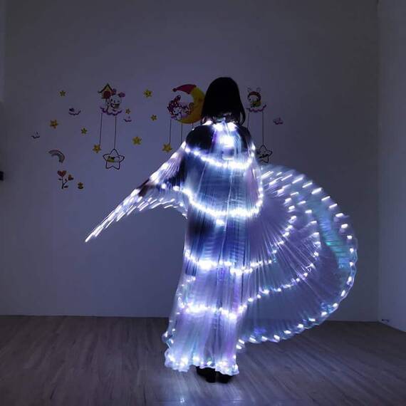 Aripi de dans fluture DacEnergy©, pentru spectacol, cu Led, stralucitoare, buton on/of, 300x145 cm, alb - 2- Roveli