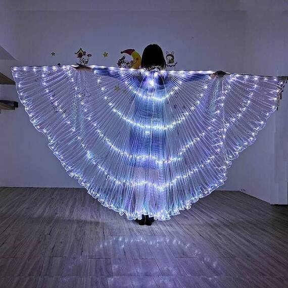 Aripi de dans fluture DacEnergy©, pentru spectacol, cu Led, stralucitoare, buton on/of, 300x145 cm, alb - - Roveli
