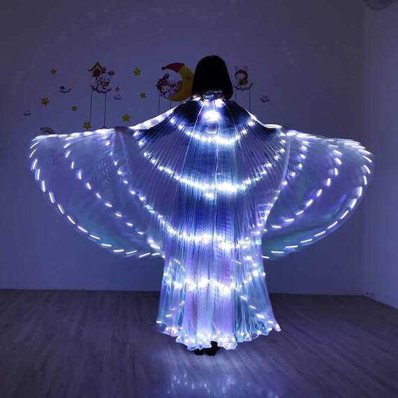 Aripi de dans fluture DacEnergy©, pentru spectacol, cu Led, stralucitoare, buton on/of, 300x145 cm, alb - 3- Roveli