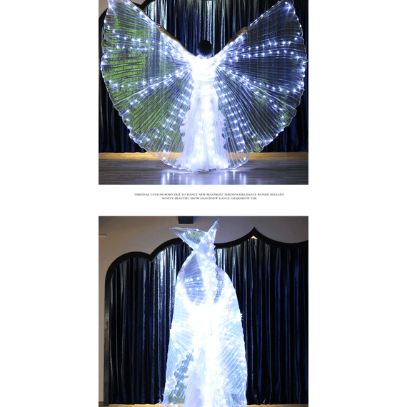Aripi de dans fluture DacEnergy©, de copii,  pentru spectacol, cu Led, 360 de grade,  2 bete extensibile, 300 x 145 cm, alb - 6- Roveli