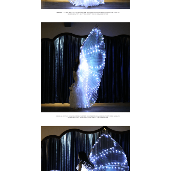 Aripi de dans fluture DacEnergy©, de copii,  pentru spectacol, cu Led, 360 de grade,  2 bete extensibile, 300 x 145 cm, alb - 7- Roveli