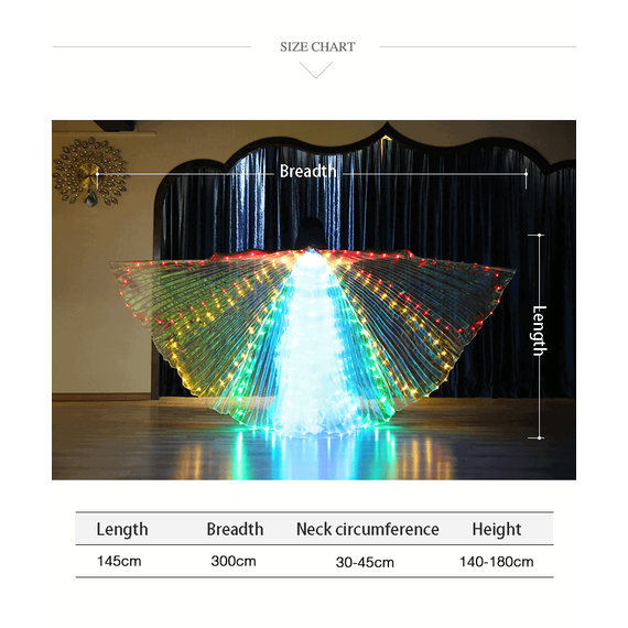 Aripi Led de dans DacEnergy©, pentru spectacol, model tip fluture, 300x145 cm, baston extensibil, multicolor - 6- Roveli