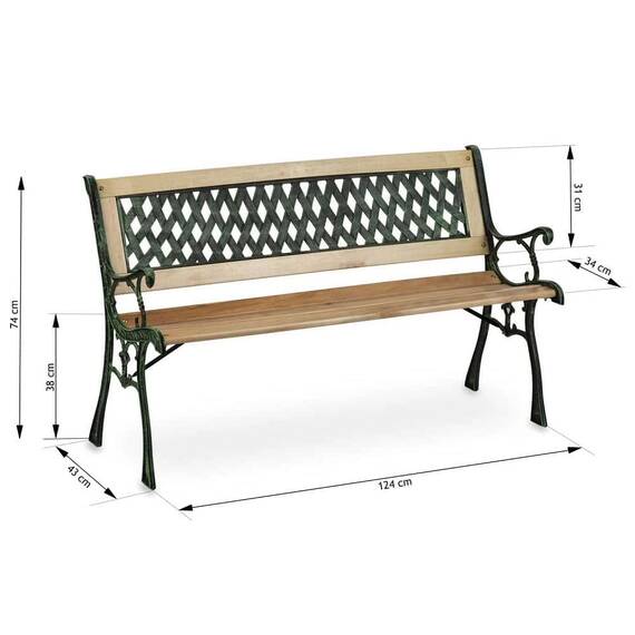 ​Banca de gradina , cadru din otel, lemn de plop, cu spatar, 124x74x43 cm, natur - 5- Roveli