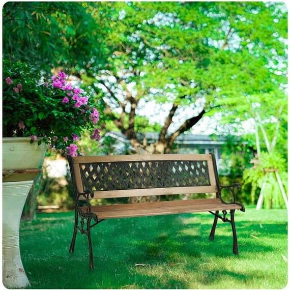 ​Banca de gradina , cadru din otel, lemn de plop, cu spatar, 124x74x43 cm, natur - 6- Roveli