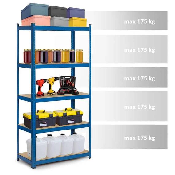 ​Raft metalic, raft din MDF, 5 rafturi, montaj fara suruburi, prin apasare, 175 kg pe raft, 875 kg total, 180x90x30 cm, albastru - 7- Roveli