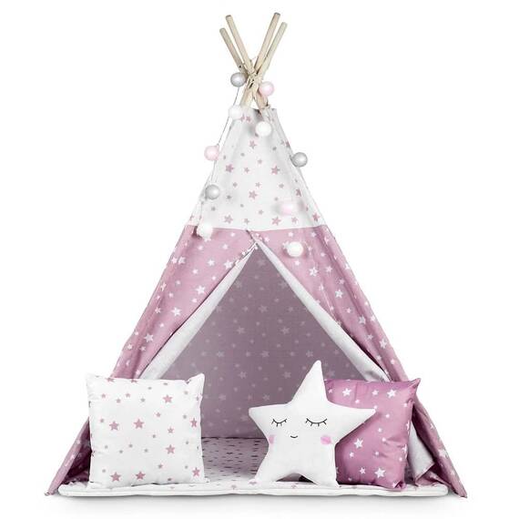 ​Cort de joaca pentru copii , cadru din lemn, forma de cort indian, 3 perne, un covor izolant gros, cu lumini, 120x120x165 cm, cu stele, roz - - Roveli