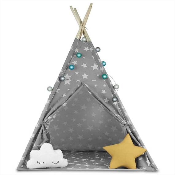 Cort de joaca pentru copii , cadru din lemn, forma de cort indian, 2 perne, un covor izolant gros, cu lumini, 120x120x165 cm, gri cu stele - - Roveli