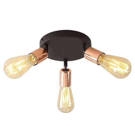 Plafoniera Klausen, structura metalica, fara abajur, 3 surse cu soclu E27, 40W, stil industrial, cupru si negru - - Roveli