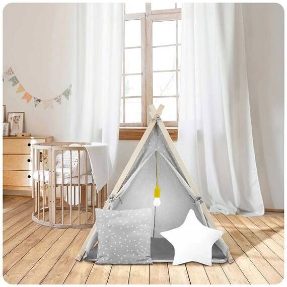 ​Cort de joaca pentru copii , cadru din lemn, forma de cort indian, 2 perne, un covor izolant gros, lampa Led, 116 x 107 x 110 cm, gri - 2- Roveli