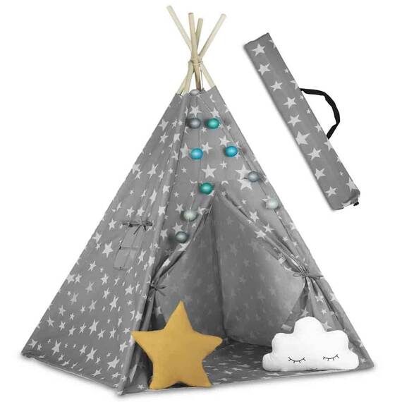 Cort de joaca pentru copii , cadru din lemn, forma de cort indian, 2 perne, un covor izolant gros, cu lumini, 120x120x165 cm, gri cu stele - 2- Roveli