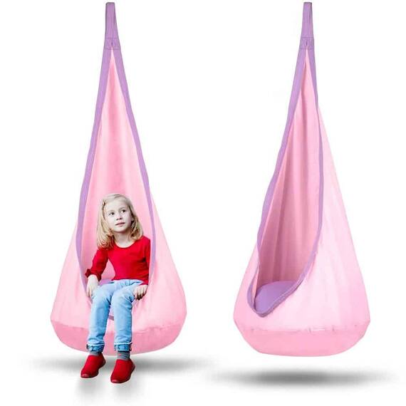 Hamac copii Neo-Sport, tip cocon, material rezistent, perna inclusa, 80kg, carlig inclus, roz deschis, 140x55 cm - 2- Roveli