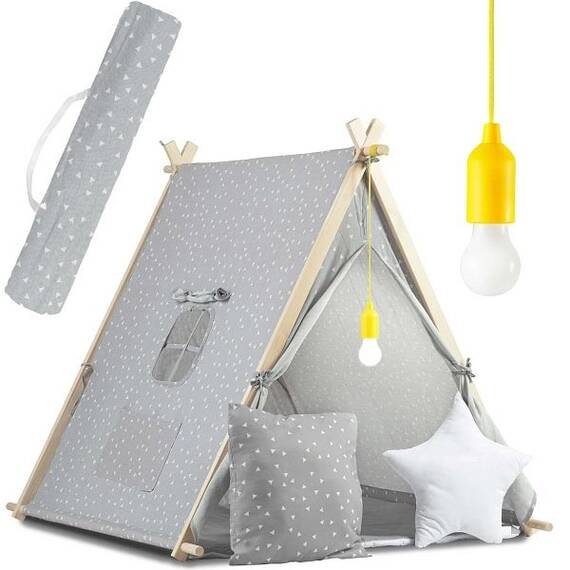 ​Cort de joaca pentru copii , cadru din lemn, forma de cort indian, 2 perne, un covor izolant gros, lampa Led, 116 x 107 x 110 cm, gri - 3- Roveli