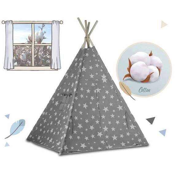 Cort de joaca pentru copii , cadru din lemn, forma de cort indian, 2 perne, un covor izolant gros, cu lumini, 120x120x165 cm, gri cu stele - 3- Roveli