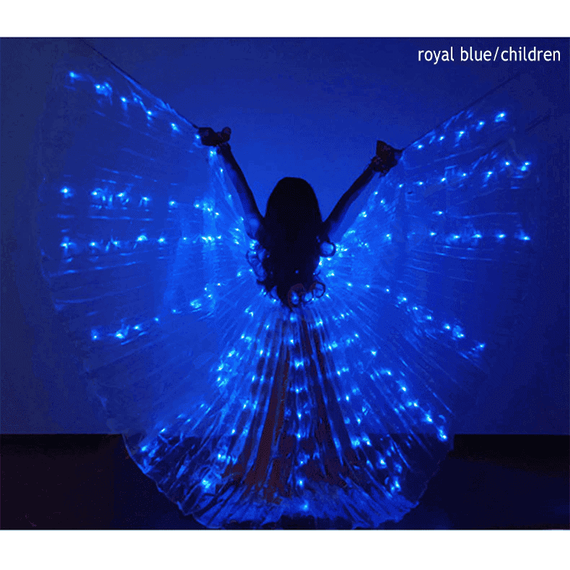 Aripi de dans fluture DacEnergy©, de copii,  pentru spectacol, cu Led, 2 bete extensibile, buton oprire/pornire, 250 x 120 cm, albastru - - Roveli
