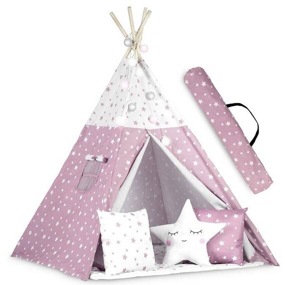 ​Cort de joaca pentru copii , cadru din lemn, forma de cort indian, 3 perne, un covor izolant gros, cu lumini, 120x120x165 cm, cu stele, roz - 4- Roveli