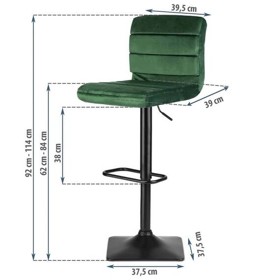 Scaun de bar cu spatar DacEnergy©, din velur, suport pentru picior, reglabil pe inaltime, stabil, verde - 4- Roveli
