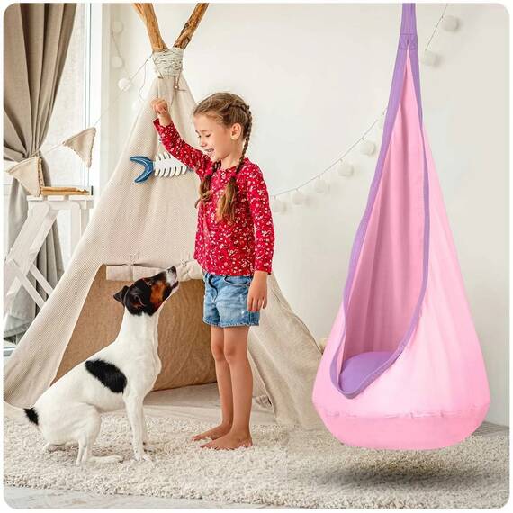 Hamac copii Neo-Sport, tip cocon, material rezistent, perna inclusa, 80kg, carlig inclus, roz deschis, 140x55 cm - 5- Roveli