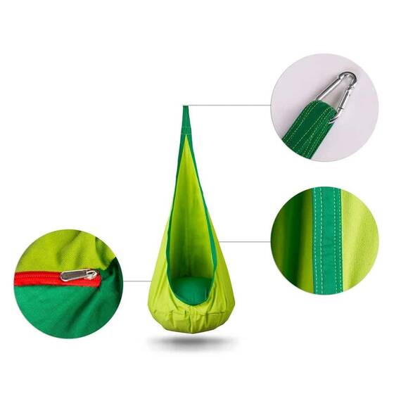 Hamac copii Neo-Sport, tip cocon, material rezistent, perna inclusa, 80kg, carlig inclus, verde, 140x55 cm - 5- Roveli
