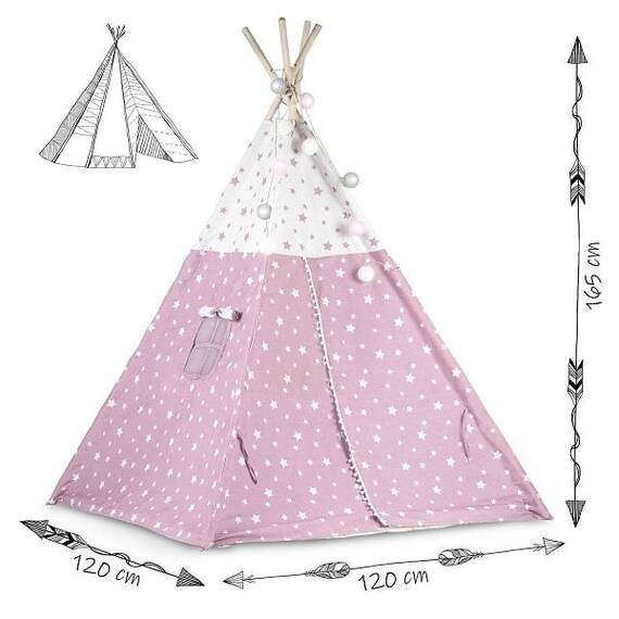 ​Cort de joaca pentru copii , cadru din lemn, forma de cort indian, 3 perne, un covor izolant gros, cu lumini, 120x120x165 cm, cu stele, roz - 6- Roveli