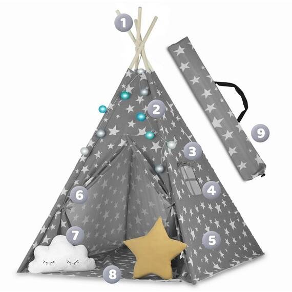 Cort de joaca pentru copii , cadru din lemn, forma de cort indian, 2 perne, un covor izolant gros, cu lumini, 120x120x165 cm, gri cu stele - 5- Roveli