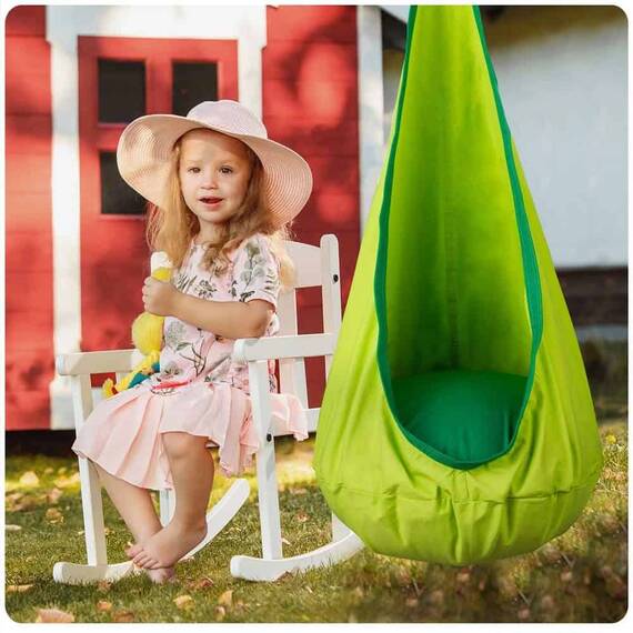 Hamac copii Neo-Sport, tip cocon, material rezistent, perna inclusa, 80kg, carlig inclus, verde, 140x55 cm - 6- Roveli