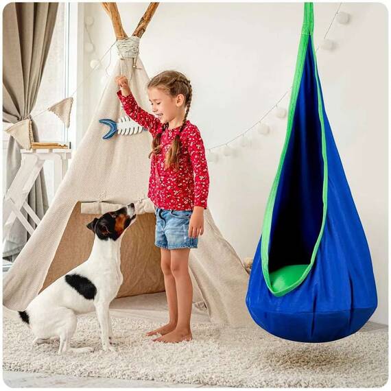 Hamac copii Neo-Sport, tip cocon, material rezistent, perna inclusa, 80kg, carlig inclus, albastru, 140x55 cm - 6- Roveli