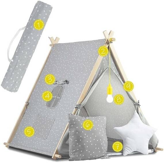 ​Cort de joaca pentru copii , cadru din lemn, forma de cort indian, 2 perne, un covor izolant gros, lampa Led, 116 x 107 x 110 cm, gri - 7- Roveli